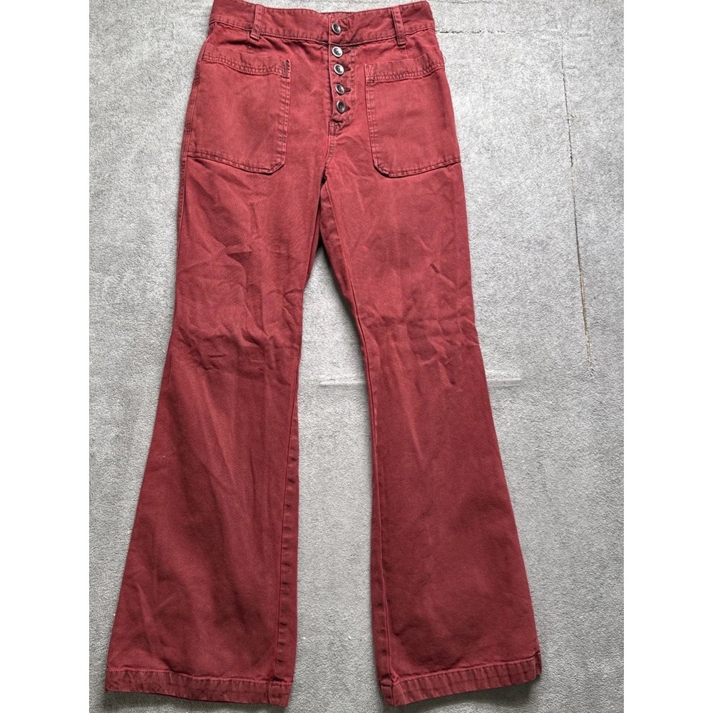 Free People Red Flare Jeans Women's‎ 2 High Rise Button Fly Boho Y2K Festival